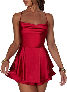 Red Satin Draped Sleeveless Ruffled Mini Dress