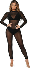 Load image into Gallery viewer, Black Mesh Mock Neck Long Sleeve Bodycon Jumpsuit