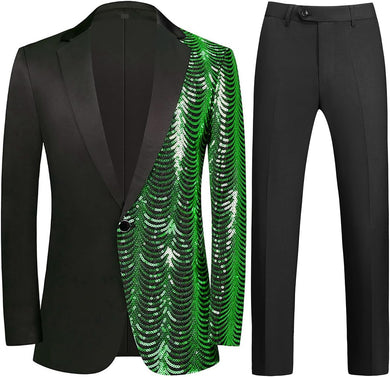 Men's Black & Green Tuxedo Two Tone Sequin Blazer & Pants Suit