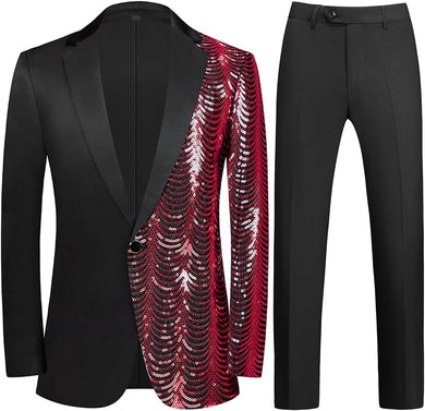 Men's Black & Red Tuxedo Two Tone Sequin Blazer & Pants Suit
