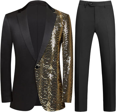 Men's Black & Gold Tuxedo Two Tone Sequin Blazer & Pants Suit