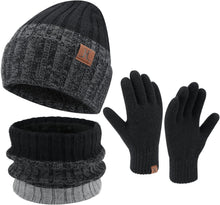 Load image into Gallery viewer, Men&#39;s Warm Blue Beanie Knit Hat, Scarf &amp; Gloves Set