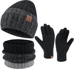 Men's Warm Blue Beanie Knit Hat, Scarf & Gloves Set