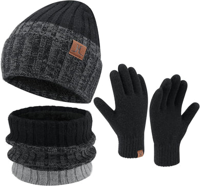 Men's Warm Black/Gray Beanie Knit Hat, Scarf & Gloves Set