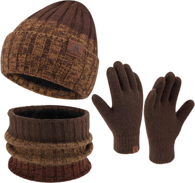 Men's Warm Brown Beanie Knit Hat, Scarf & Gloves Set