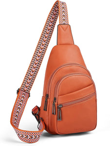 Red Leather Front Zipper Pocket Crossbody Travel Sling Bag