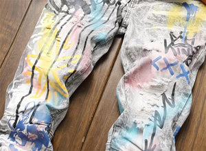 Men's Denim Dyed 7 Graffitti Ripped Distressed Jeans