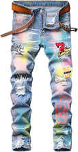 Load image into Gallery viewer, Men&#39;s Denim Dyed 7 Graffitti Ripped Distressed Jeans