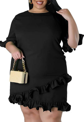 Plus Size Black Ruffled 3/4 Sleeve Mini Dress