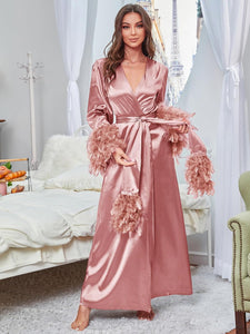 Lovely Pink Long Sleeve Faux Fur Belted Robe