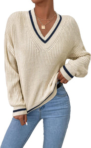 Beige V-Neck Striped Long Sleeve Cable Knit Sweater