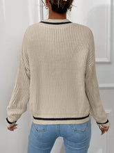 Load image into Gallery viewer, White V-Neck Striped Long Sleeve Cable Knit Sweater