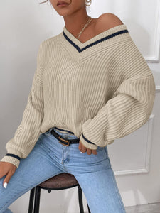 Beige V-Neck Striped Long Sleeve Cable Knit Sweater