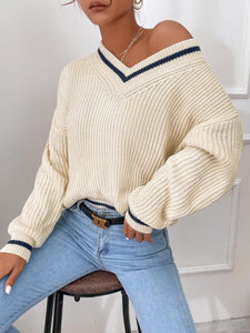 Royal Blue V-Neck Striped Long Sleeve Cable Knit Sweater