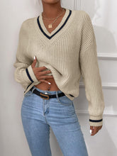 Load image into Gallery viewer, Beige V-Neck Striped Long Sleeve Cable Knit Sweater