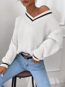 Royal Blue V-Neck Striped Long Sleeve Cable Knit Sweater