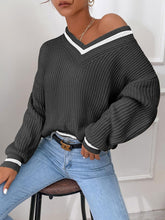 Load image into Gallery viewer, Royal Blue V-Neck Striped Long Sleeve Cable Knit Sweater