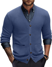 Load image into Gallery viewer, Men&#39;s Blue Knit V Neck Button Down Long Sleeve Cardigan Sweater