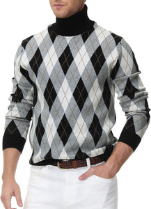 Men's Vintage Style Black Argyle Turtleneck Long Sleeve Sweater