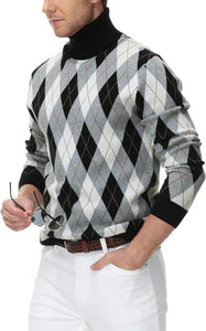 Men's Vintage Style Black Argyle Turtleneck Long Sleeve Sweater