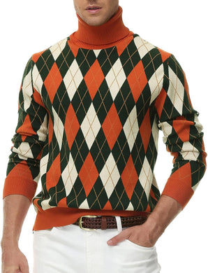 Men's Vintage Style Orange Argyle Turtleneck Long Sleeve Sweater