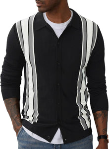 Men's Vintage Style Retro Black Striped Long Sleeve Cardigan Sweater