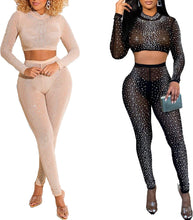 Load image into Gallery viewer, Rhinestone Black Mesh Crop Top &amp; Pant Bodycon Jumpsuit