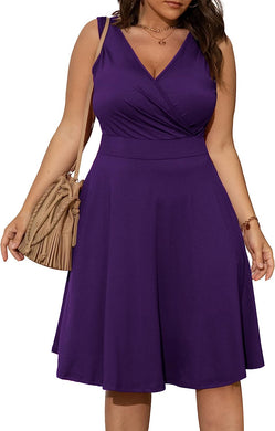 Plus Size Purple V Cut Sleeveless A Line Mini Dress
