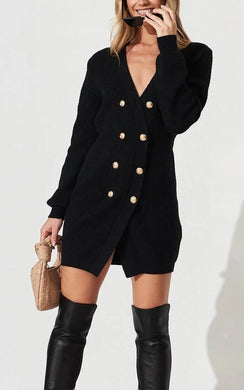 Classic Black Button Down Knit Long Sleeve Sweater Dress