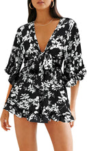 Load image into Gallery viewer, Floral Black Ruffle Sleeve Tie Front Shorts Romper