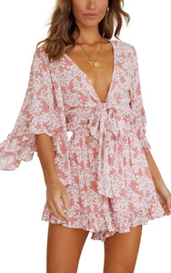 Floral Pink Ruffle Sleeve Tie Front Shorts Romper