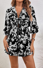 Load image into Gallery viewer, Floral Black Ruffle Sleeve Tie Front Shorts Romper