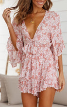 Load image into Gallery viewer, Floral Pink Ruffle Sleeve Tie Front Shorts Romper