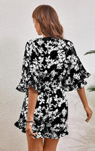 Load image into Gallery viewer, Floral Brown Ruffle Sleeve Tie Front Shorts Romper
