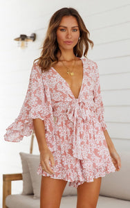 Floral Pink Ruffle Sleeve Tie Front Shorts Romper