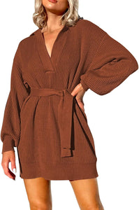 Oversized Belted Knit Brown Pullover Sweater Dress