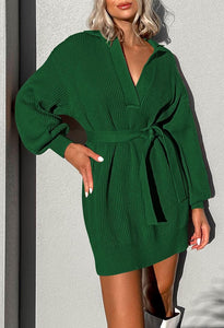 Oversized Belted Knit Green Pullover Sweater Dress