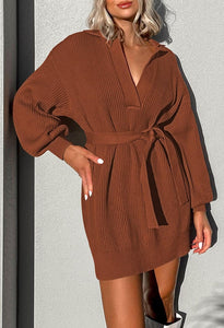 Oversized Belted Knit Brown Pullover Sweater Dress
