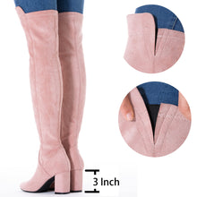 Load image into Gallery viewer, Pink 3 inch Heel Thigh High Suede Over The Knee Stretch Boot