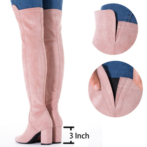 Pink 3 inch Heel Thigh High Suede Over The Knee Stretch Boot