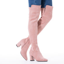 Load image into Gallery viewer, Pink 3 inch Heel Thigh High Suede Over The Knee Stretch Boot