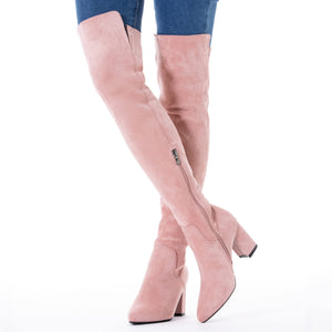 Pink 3 inch Heel Thigh High Suede Over The Knee Stretch Boot