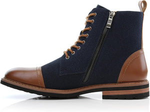 Men's Vegan Leather Blue/Brown Lace Up Ankle Dress Boots