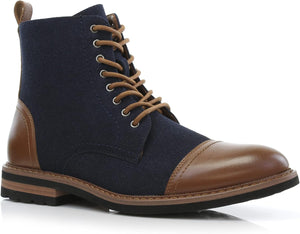 Men's Vegan Leather Blue/Brown Lace Up Ankle Dress Boots