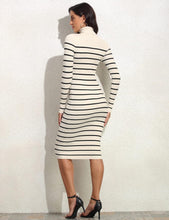 Load image into Gallery viewer, Black/White Striped Knit Turtleneck Long Sleeve Sweater Dress