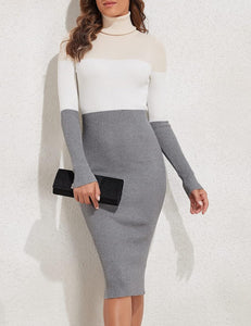 Black/White Striped Knit Turtleneck Long Sleeve Sweater Dress