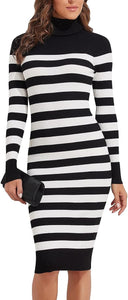 Black/White Striped Knit Turtleneck Long Sleeve Sweater Dress