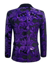 Load image into Gallery viewer, Purple Men&#39;s Sequin Floral Party Long Sleeve Blazer