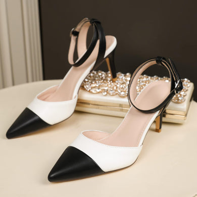 Chic Black/White Ankle Strap Closed Toe 3 Inch Heels