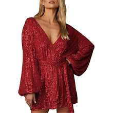 Load image into Gallery viewer, Red Sequin V Neck Loose Sleeve Belted Mini Dress